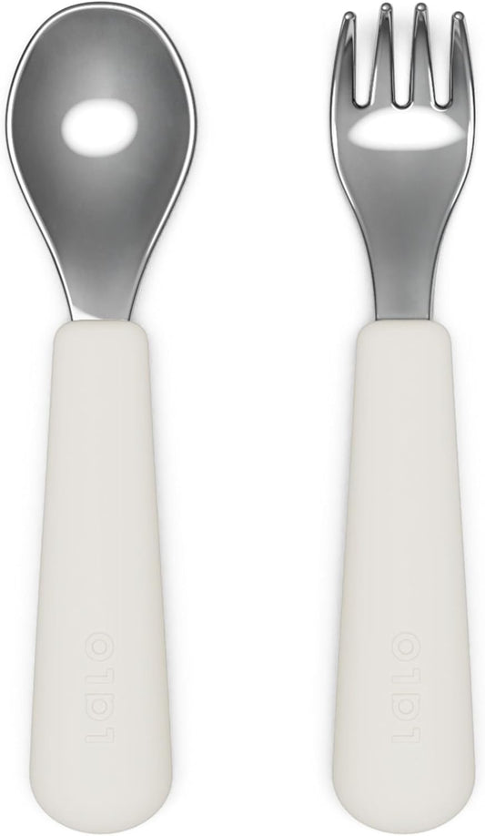 Lalo Utensils - Toddler Fork and Spoon Set - Stainless Steel and Silicone Ergonomic Toddler Utensils - Children Safe Flatware Set - 2 Pieces - Oatmeal
