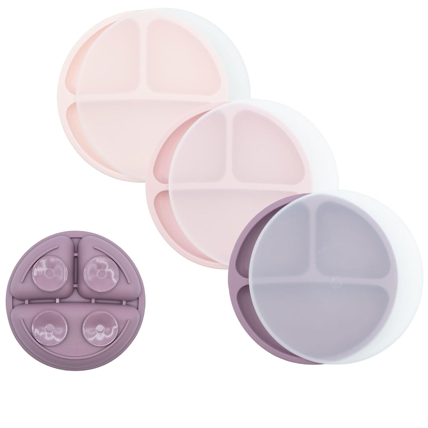 WeeSprout Suction Plates with Lids for Babies & Toddlers, 100% Silicone Dinnerware Stays Put, Divided Design for Picky Eaters, Microwave & Dishwasher Friendly, 3 Pack (Matte Pink, Purple, Blush Pink)
