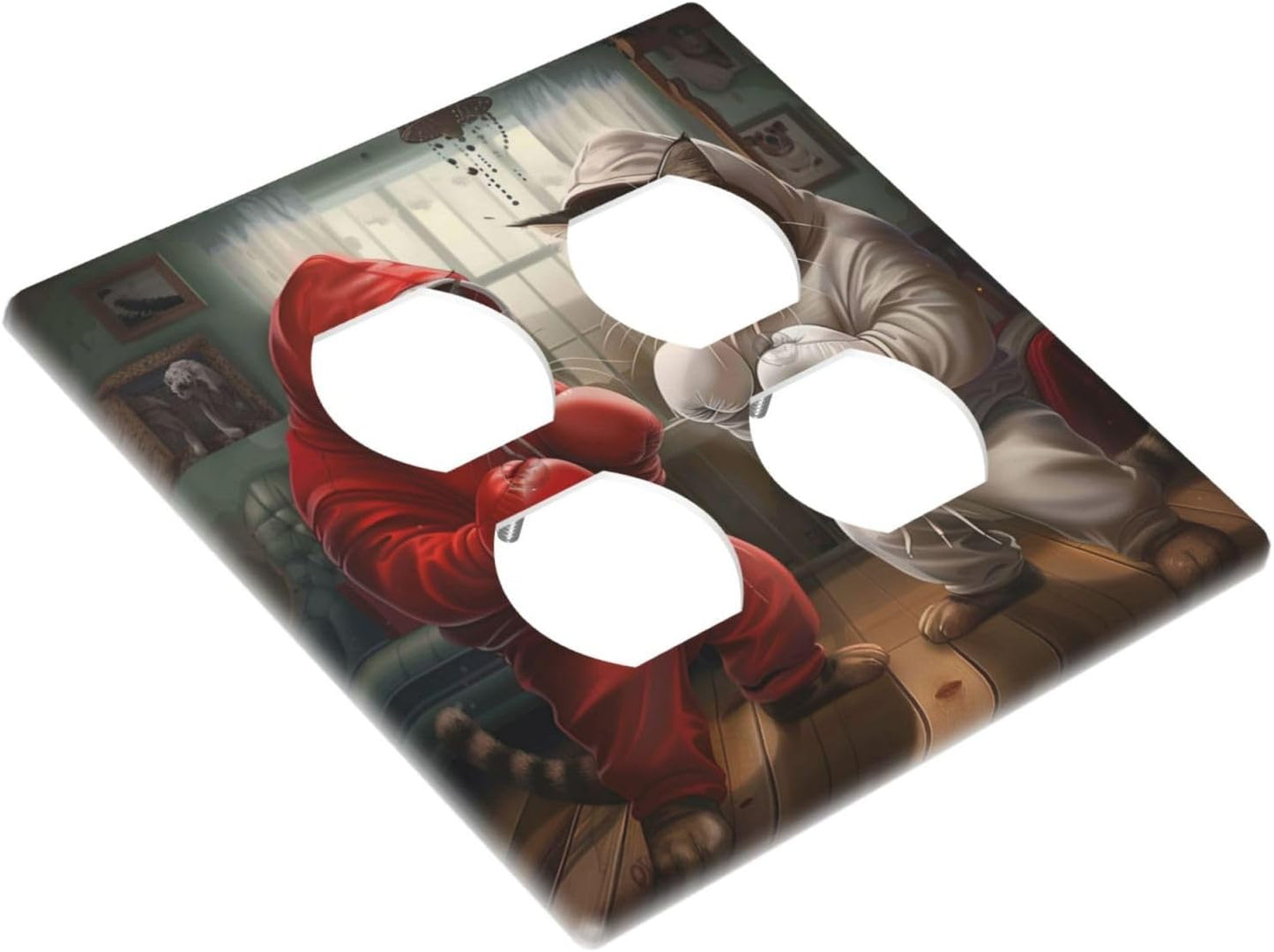 Decorative Outlet Covers Funny Red Boxing Cats White Tomcat 2 Gang Wall Plate Cover Double Duplex Receptacle Two Switch Light Switch Cover Plate Jumbo Dual Faceplate for Home Decor