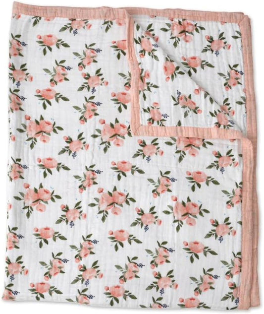 Little Unicorn Premium Quilted Throw | Super Soft, Multi-Layered Muslin XL Blanket| Great for Kids & Families (Watercolor Roses)