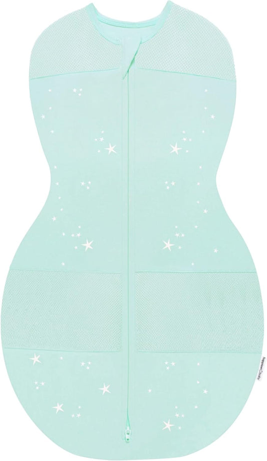 Happiest Baby Sleepea 5-Second Swaddle - 100% Organic Cotton Baby Swaddle Blanket - Doctor Designed Promotes Healthy Hip Development (Teal Stars, Medium)