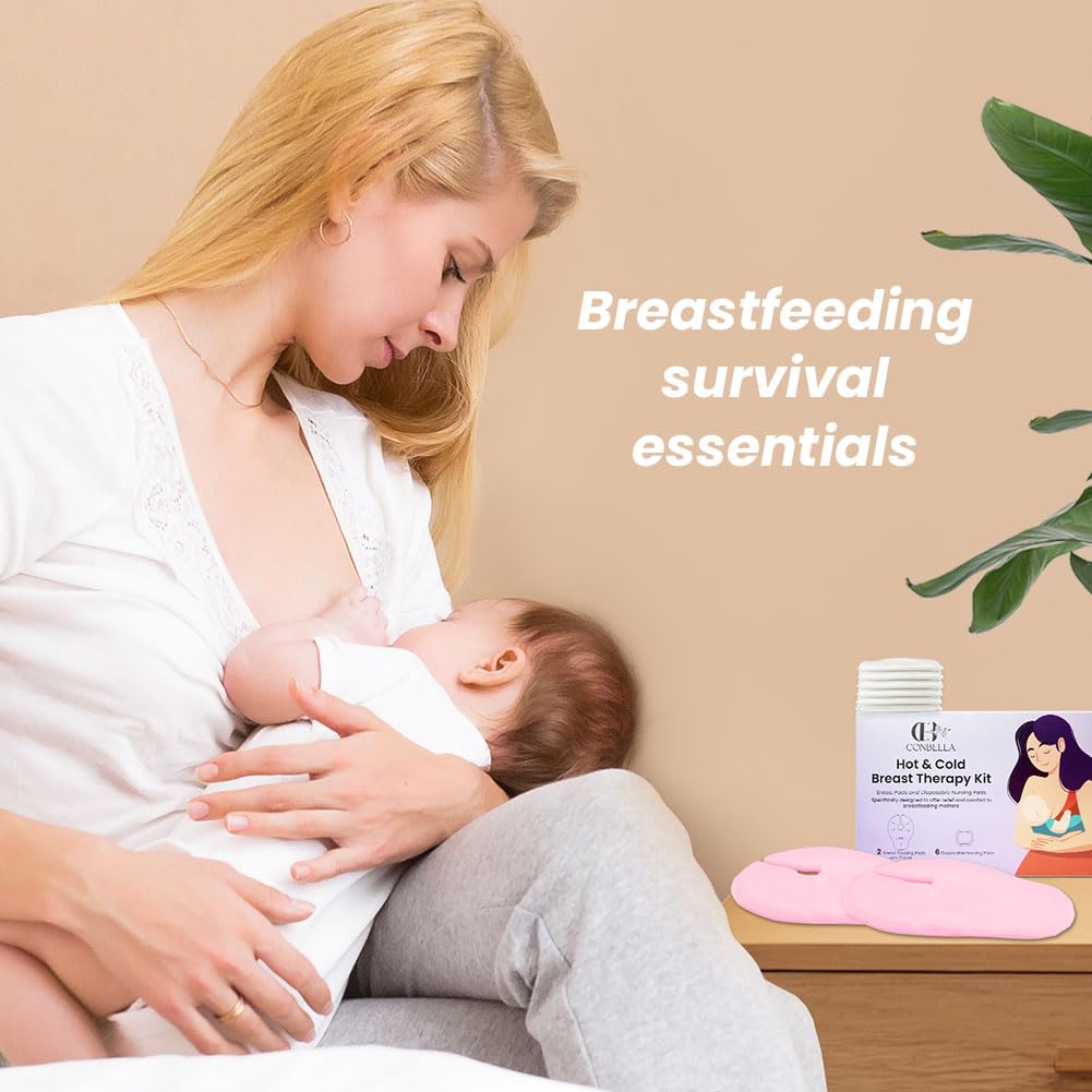 2 Larger Breast Ice Packs with Soft Covers and 6 Breast Pads for Leaking Milk, Hot and Cold Breast Therapy Packs, Breastfeeding Essentials for Relief of Clogged Ducts, Nipple Pain, Engorgement(Pink)