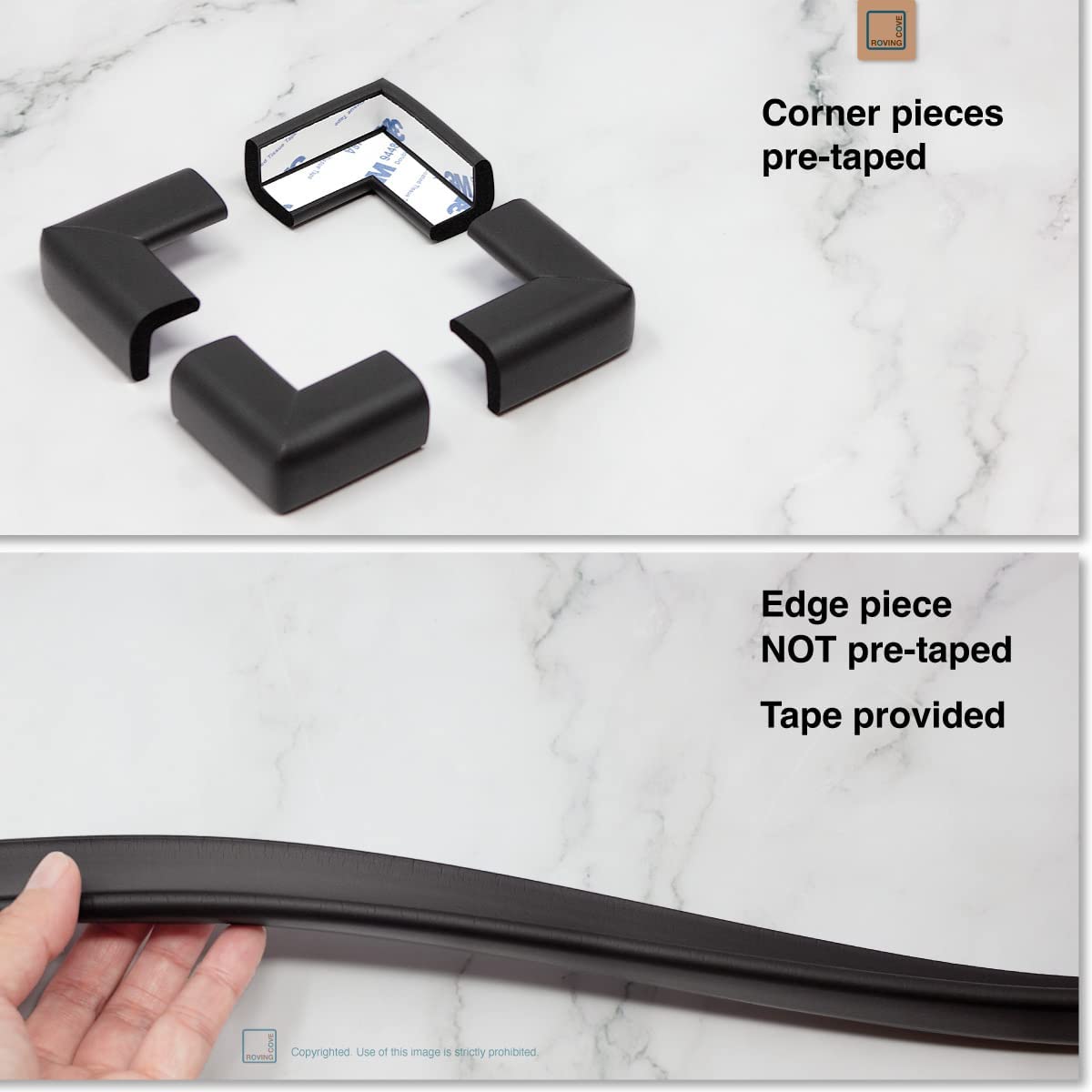 Roving Cove Slim-Fit Corner Edge Protector for Baby Proofing (Small 15ft Edge 4 Corners), Furniture Safety Bumper Guard, Soft NBR Rubber Foam, 3M Adhesive, Onyx Black