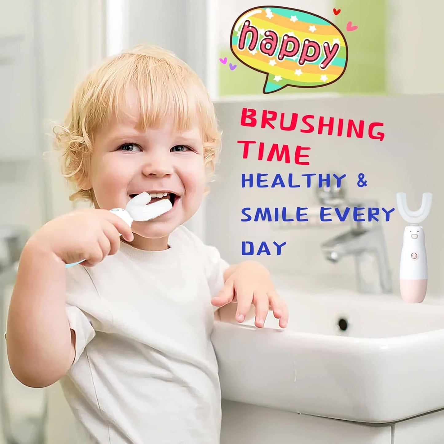 Kids Electric Toothbrush，U Shaped Toothbrush Waterproof Battery Powered 360 Automatic Sonic Toddler Toothbrushes for 8-13 Years Old for Boys Girls ，with 2 Replacement Brush Heads（Blue）