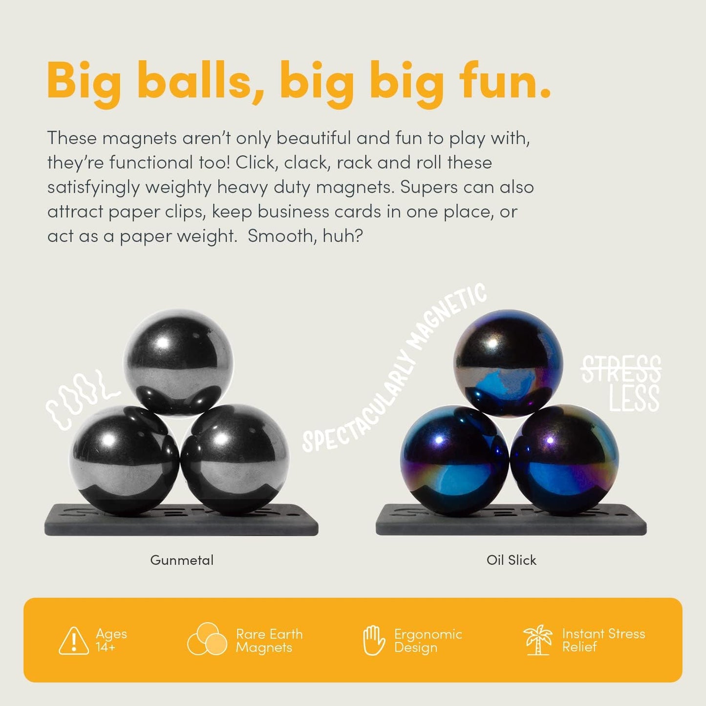 Speks Supers, 33mm Magnets Balls Fidget Toys for Adults, Set of 6, Great Office Desk Decorations and Stress Relief Gifts, Gun Metal