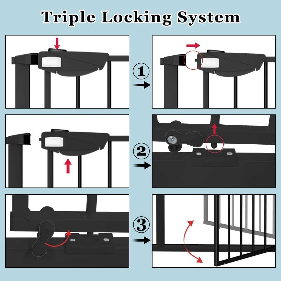 WAOWAO Triple Lock 49.21-66.54" Baby Gate Extra Wide Pressure Mounted Walk Through Swing Auto Close Safety Black Metal Dog Pet Puppy for Stairs,Doorways,Kitchen