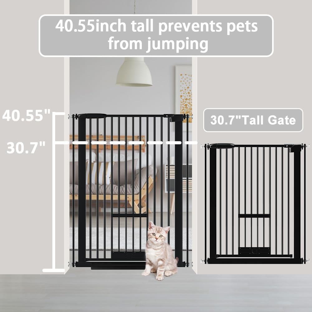 40.55" Tall 1.37" Ultra Narrow Spacing Dogs Pets Baby Gate with Door for Doorway Cat Safety Proof Indoor Extra 30.12-34.06" Wide Puppy Pressure Mounted No Drill White Black Metal Hallway