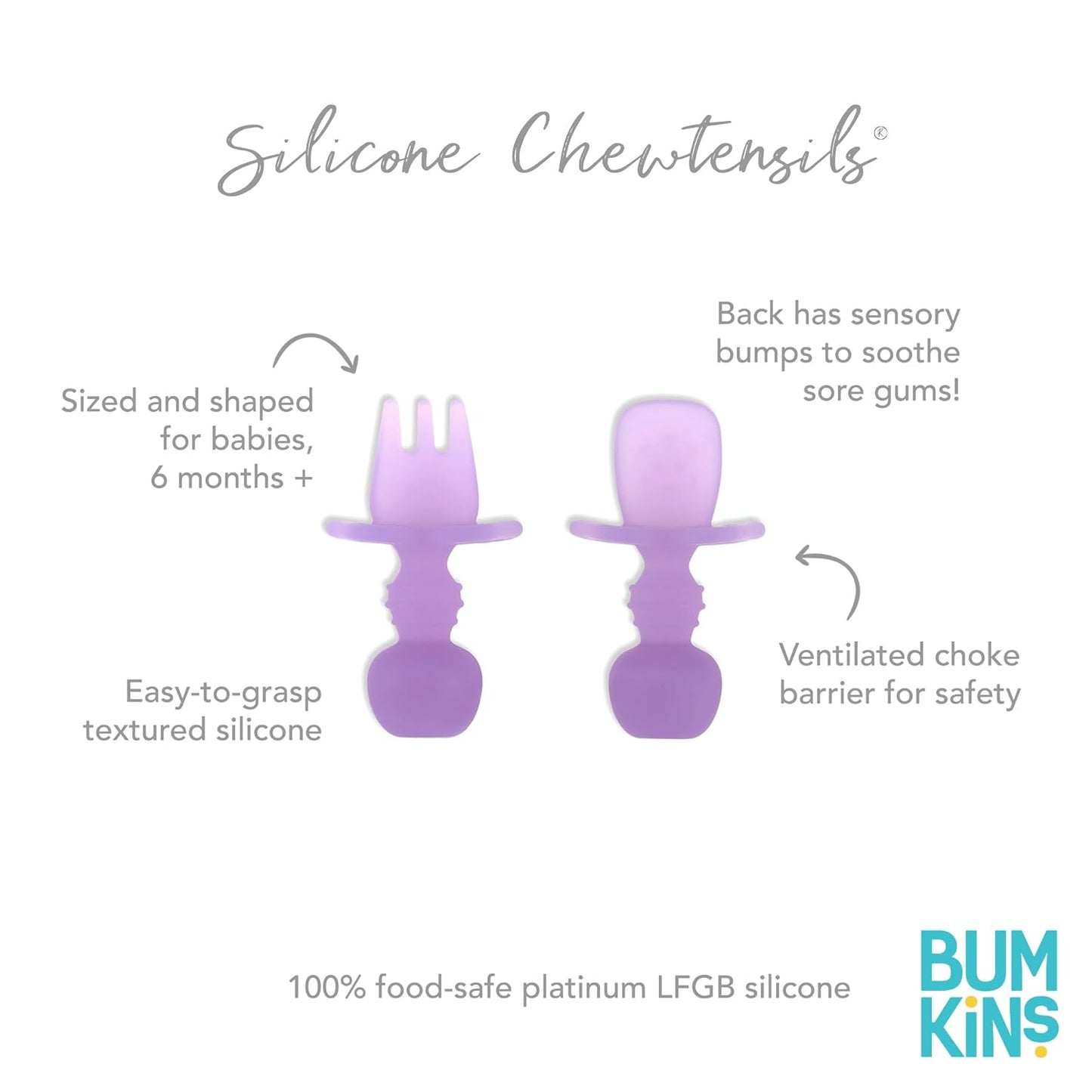 Bumkins Baby Utensils Set, Chewtensils Silicone Spoons for Dipping, Self-Feeding, Baby Led Weaning, Trainer Learning, First Stage Eating, Soft Practice Fork and Spoon, Babies 6 Months, Purple Jelly