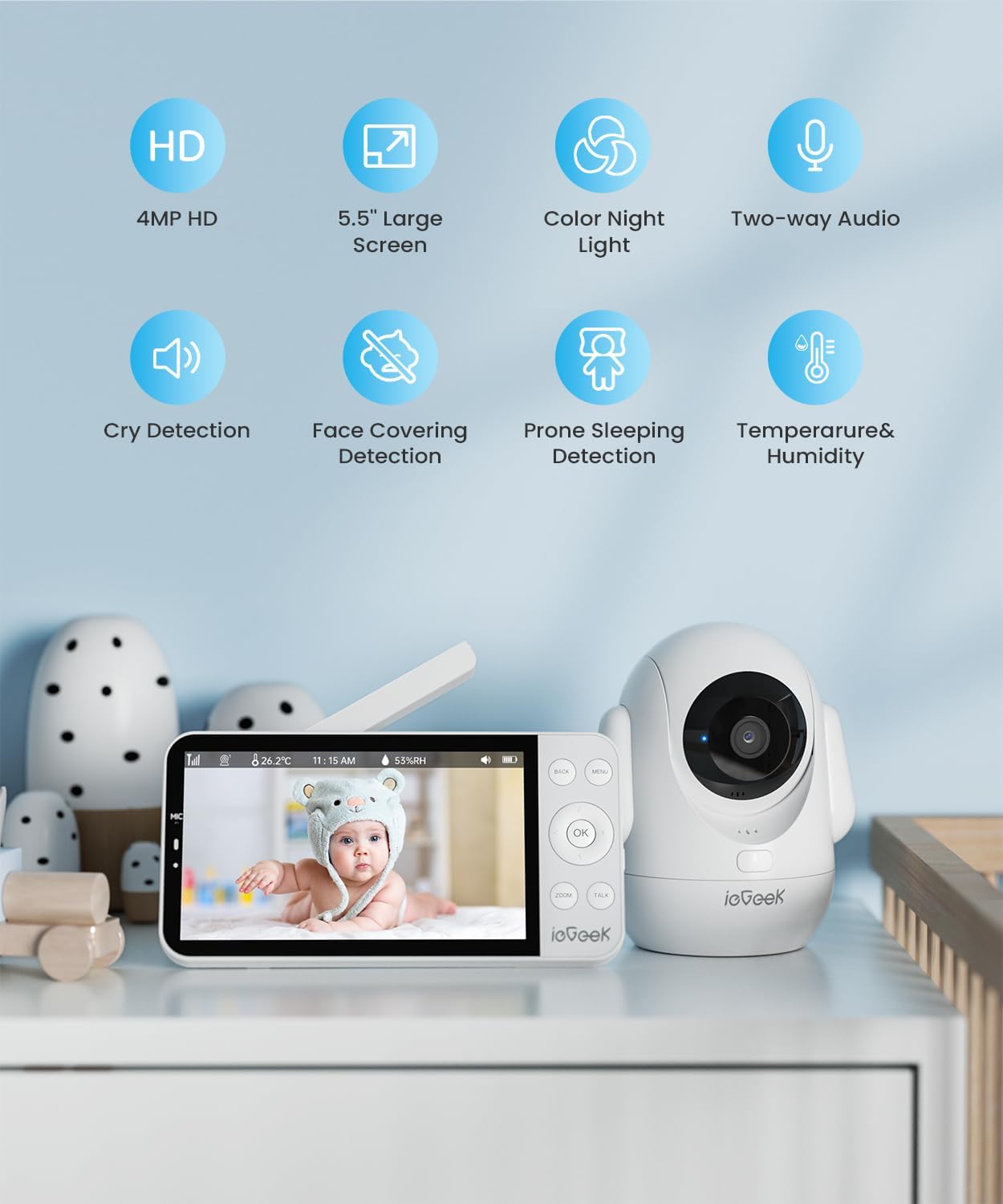 ieGeek 5.5" Baby Monitor,Audio Monitor with 2.5K Ultra HD 2.4G&5Ghz WiFi Camera,Night Light,Face Covering&Cry Detection,Two-Way Talk,Night Vision,Temp&Humidity Sensor,4000mAh Battery,App Control