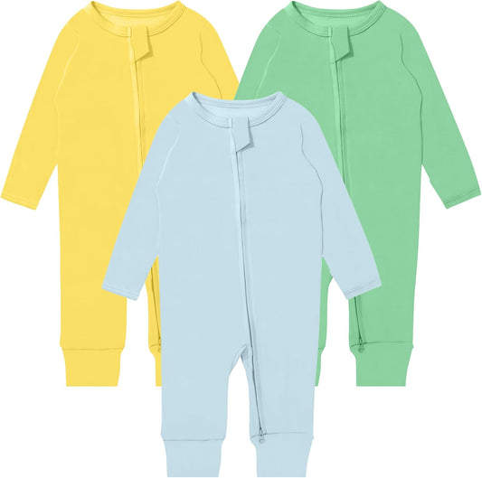 GUISBY Long Sleeve Cotton Pajamas Footless Baby Bodysuits with Zipper and Mittens 3-Pack for Boys Girls