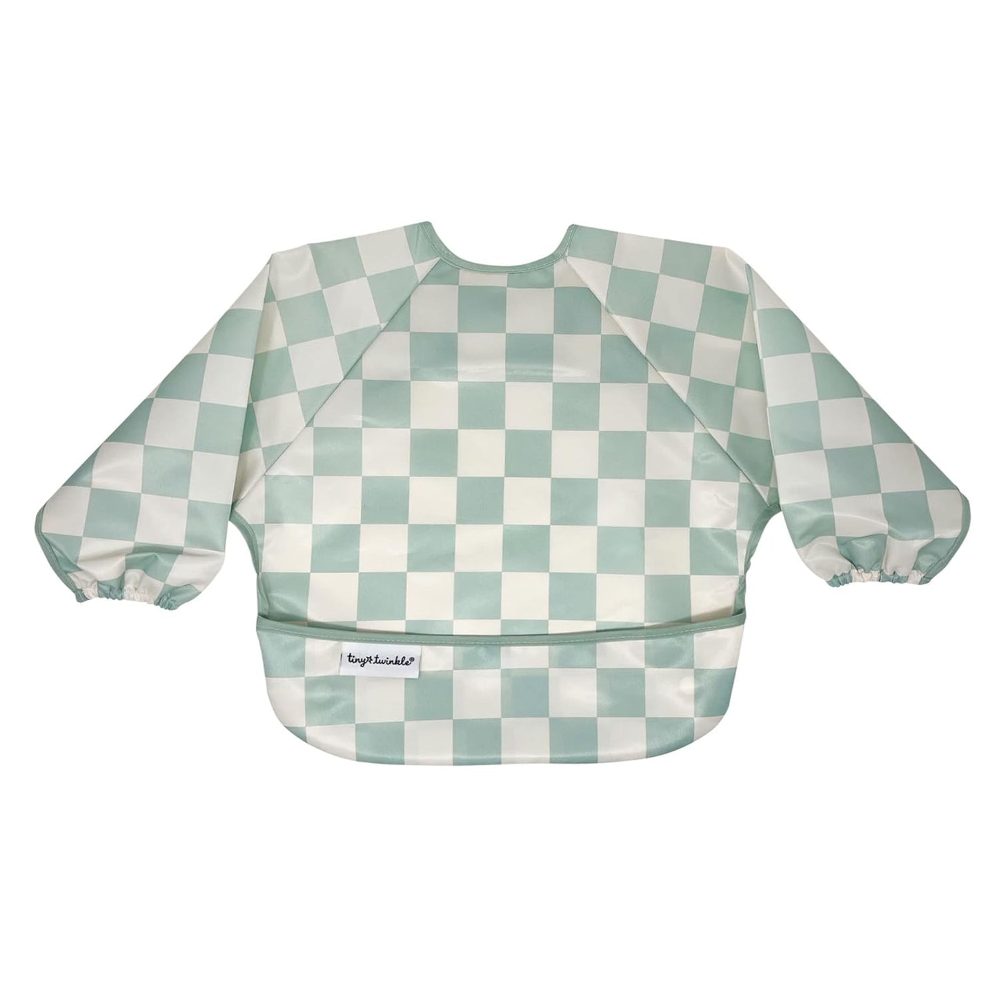 Tiny Twinkle Mess Proof Baby Bib,Waterproof Smock Baby Bib for Eating,Machine Washable Long Sleeve Bib,Baby Led Weaning,Toddler Bib,BLW Supplies(Checkers Sage, Small 6-24 Months)