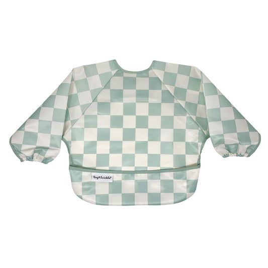 Tiny Twinkle Mess Proof Baby Bib,Waterproof Smock Baby Bib for Eating,Machine Washable Long Sleeve Bib,Baby Led Weaning,Toddler Bib,BLW Supplies(Checkers Sage, Small 6-24 Months)