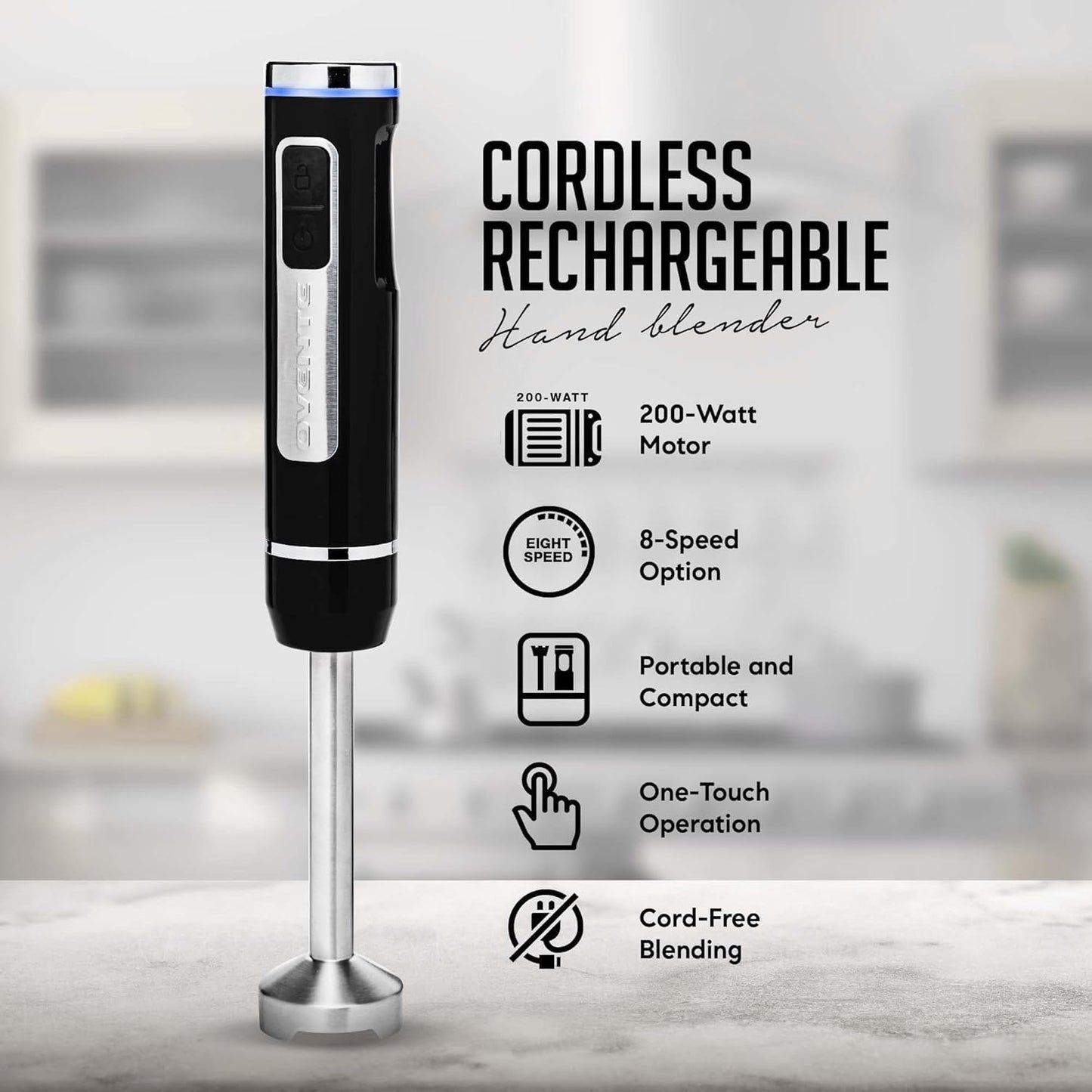OVENTE Cordless Immersion Hand Blender, Rechargeable Handheld Portable Stick Mixer with 8 Mixing Speed Option, One-Touch Control and Stainless Steel Blades for Smoothies, Shakes or Soups, Black HR781B