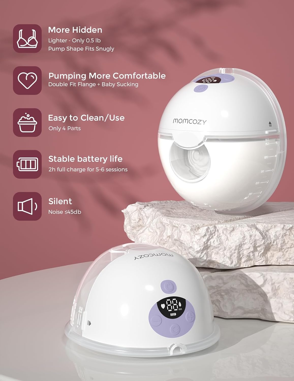 Momcozy M5 Hands-Free Wearable Breast Pump, Double-Sealed Flange for Baby-Like Comfort, 3 Modes & 9 Suction Levels, Portable Electric Pump – 24mm, 2-Pack Lilac