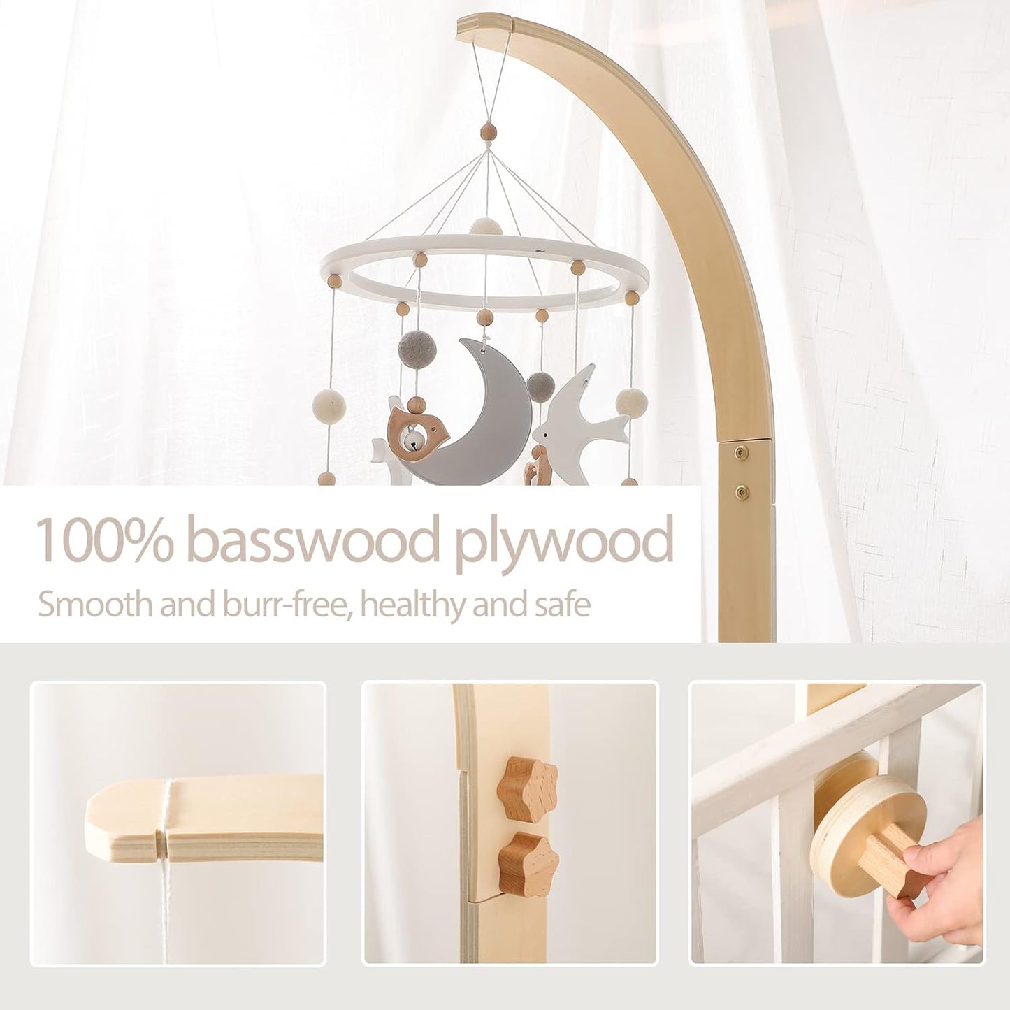 Baby Crib Mobile Arm - Wooden Baby Mobile Crib Holder for Hanging Baby Crib Attachment for Nursery Decor (Curved Structural Arm)