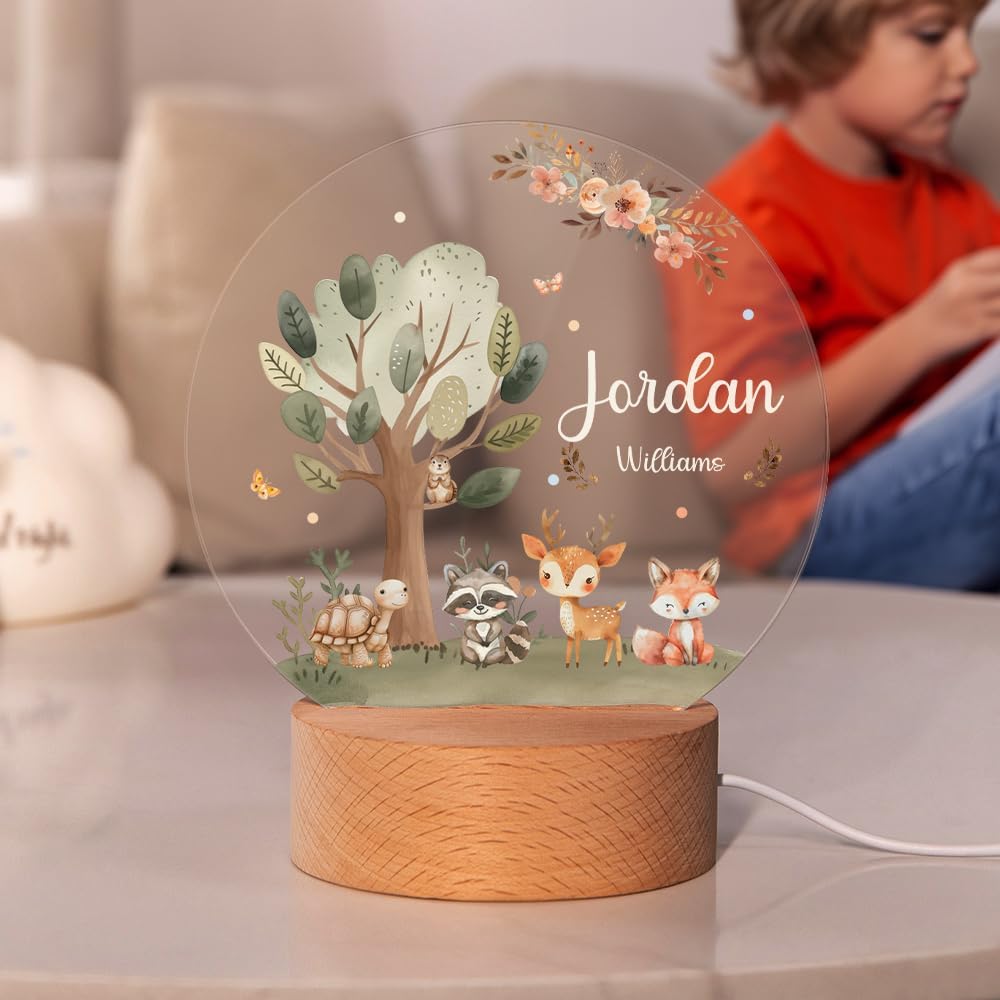 callie Acrylic Night Light Name Plate Personalized, Custom Cute Fox Deer Turtle Forest Animal with Wooden Base Bedroom Decor, Birthday Gifts Kid Gifts for Family (Forest Fauna)