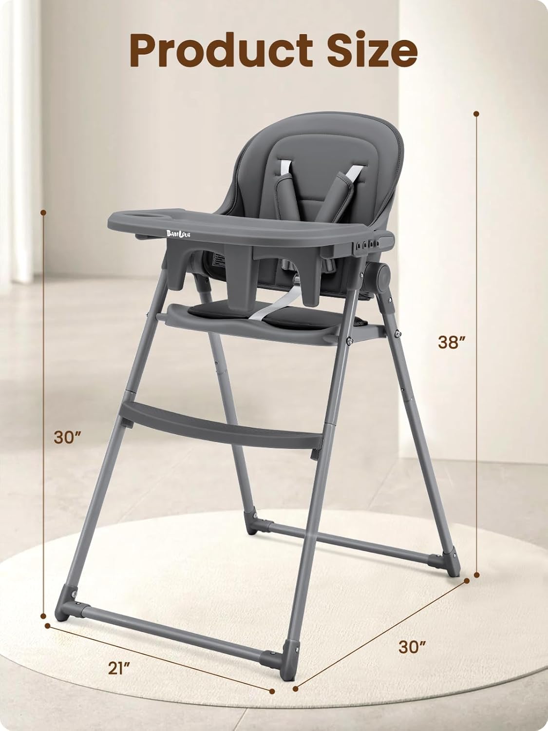 Foldable High Chair, High Chairs for Babies and Toddlers, Dining Chairs and Eating Chair with Adjustable Tray and 5 Point Harness for Infant, Gray