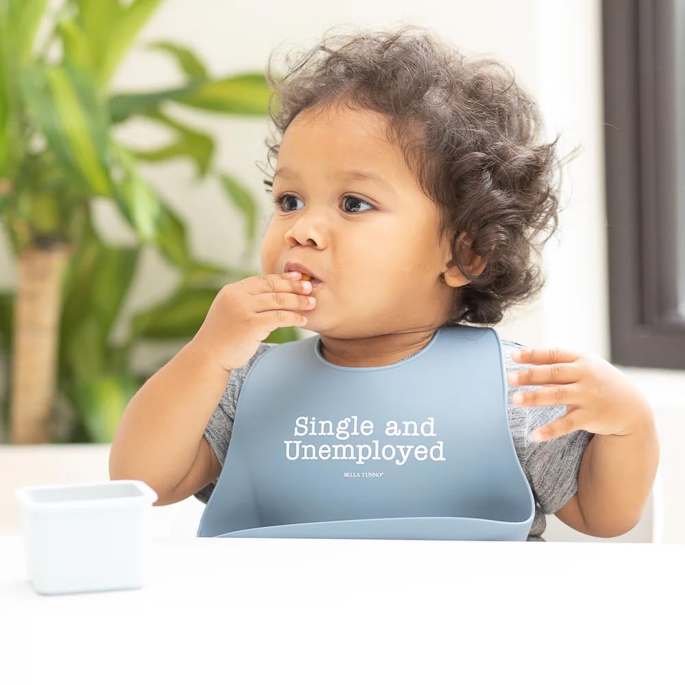 Baby Bib for Eating by Bella Tunno, Waterproof Silicone Bib with Large Food Catcher, Adjustable Fit for Babies 4-12 months & Toddlers 1-3 Years, Boys & Girls, Single and Unemployed