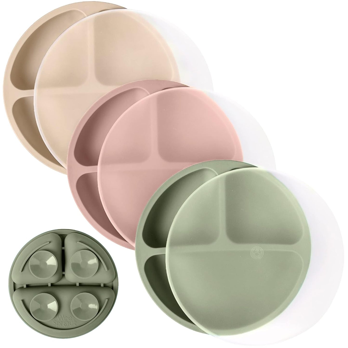 WeeSprout Suction Plates with Lids for Babies & Toddlers - 100% Silicone, Dinnerware Stays Put, Divided Design for Picky Eaters, Microwave & Dishwasher Friendly, 3 Pack