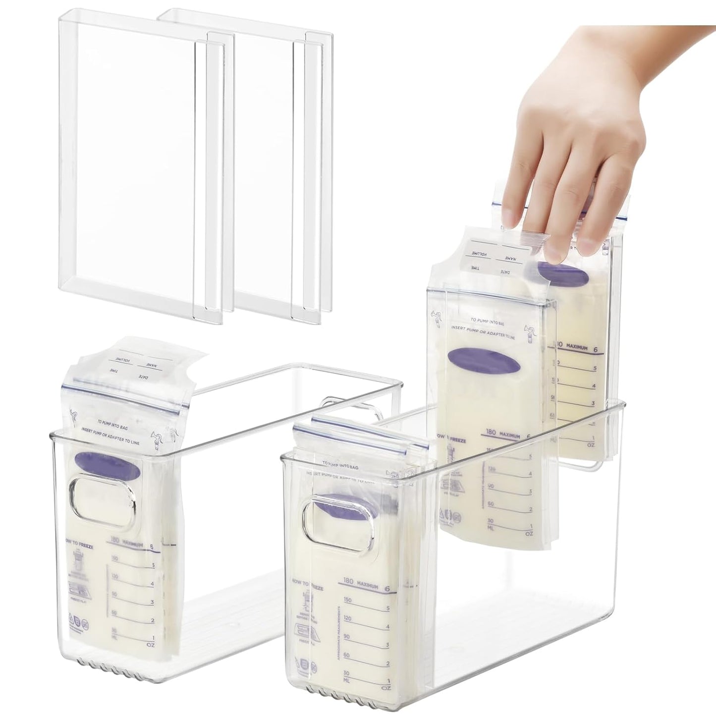 Breastmilk Storage Container with 4 Freezer Flattener Kit to Flatten Standing Breast Milk Bags in Organizer Bins Save Refrigerator Space |Vertical Storage