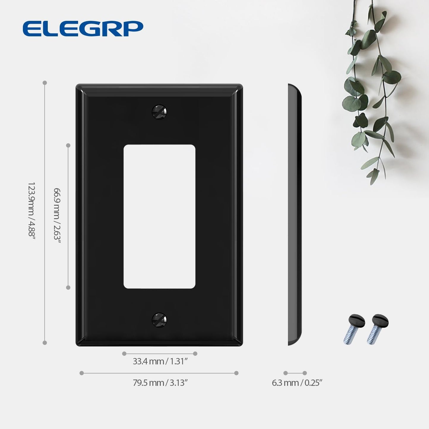 ELEGRP Decorative Receptacle Wall Plate, 1-Gang Mid Size Outlet Decorator Cover, Unbreakable Polycarbonate Dual Port Faceplates Covers, UL Listed, Screws included (5 Pack, Glossy Black)
