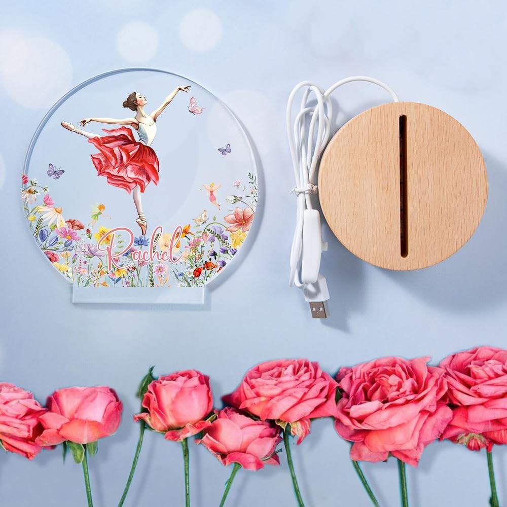 callie Acrylic Night Light Name Plate Personalized, Custom Cute Fox Deer Turtle Forest Animal with Wooden Base Bedroom Decor, Birthday Gifts Kid Gifts for Family (Beautiful Ballet Girl)