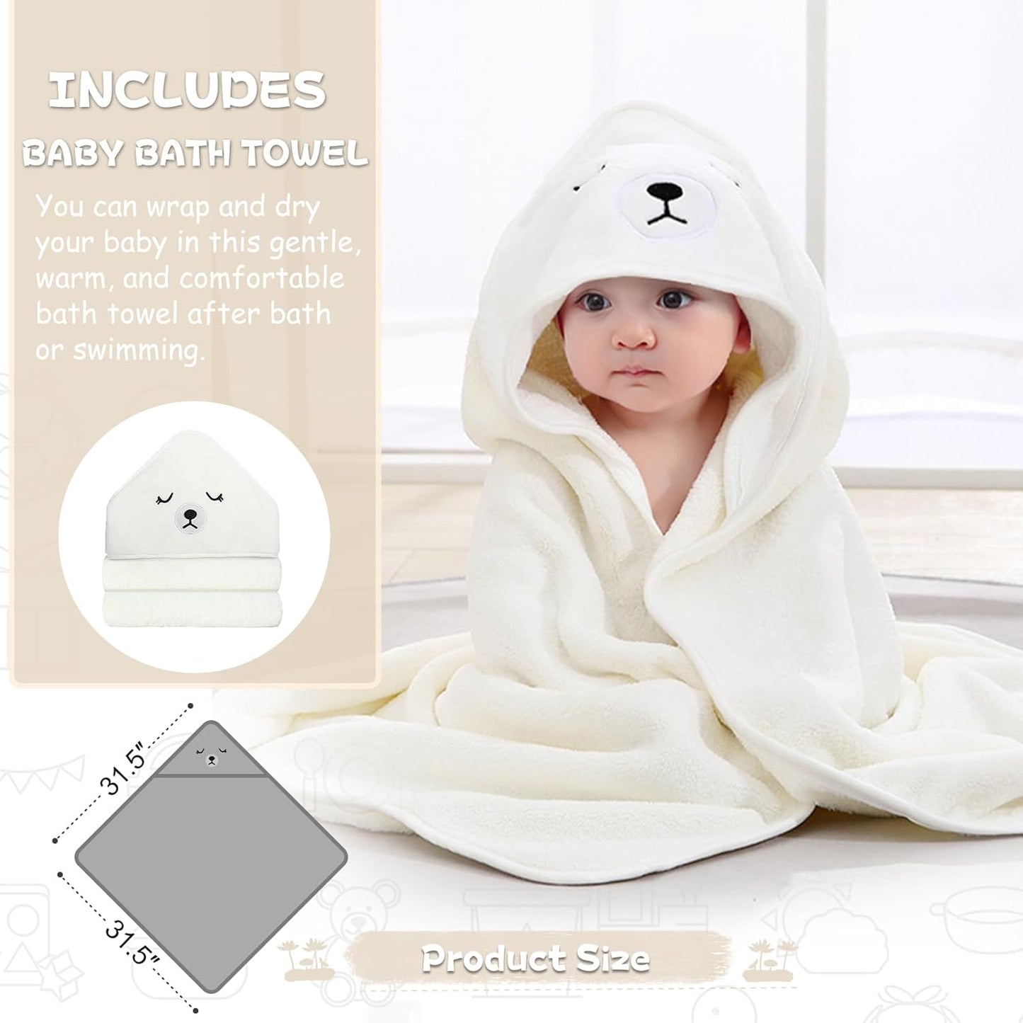 MoreFeel Collapsible Baby Bathtub for Newborn with Thermometer & 1 Hooded Towel & 1 Soft Floating Cushion,Portable Travel Bathtub with Drain Hole, Durable Foldable Baby Tubs for Infants to Toddler