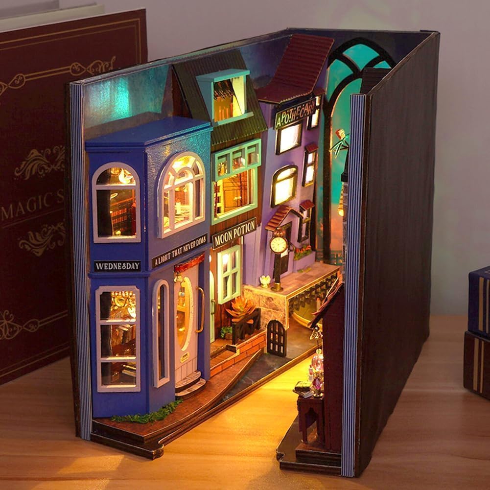 WYD DIY Bookstand Kit British Magic House Street View Architectural Model Handmade Desk Insert Decoration Wooden Mini Doll House Youth and Adult Best Gift