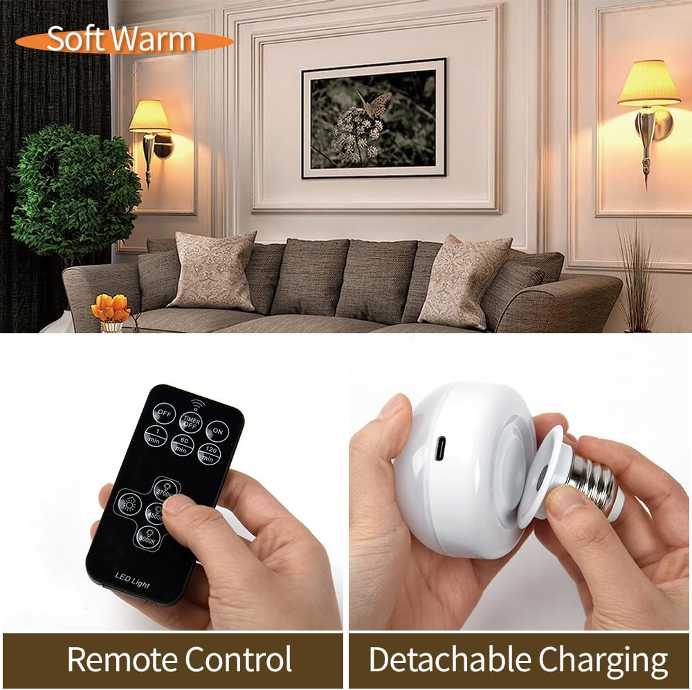 BLUEYE Night Light,BPA Free,Remote Control,3CCT Colors,2000mAh Battery,Manual Button,No Flicker for Kids,Baby,Nursery,Small Portable Lamp,3 Timer,Dimmer,E26 Rechargeable Light Bulb for Non-Hardwired