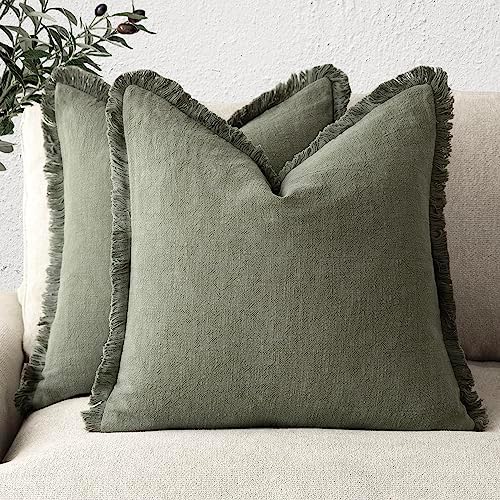 Foindtower Decorative Linen Fringe Throw Pillow Covers 18×18 Olive Green by Foindtower