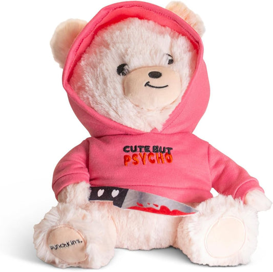 Cute but Pyscho Unbearable Plushie, Comical Plush Teddy Bear Collectible, Funny Pun Meme Gag Gift, White Elephant, Stocking Stuffer,Emotional Support, Fun Desk Accessory, Weighted Base for Display