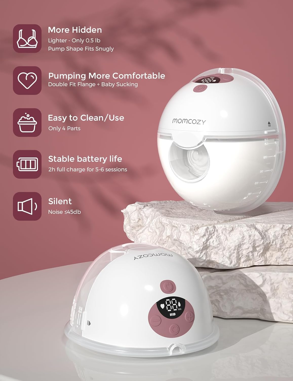 Momcozy Breast Pump Hands Free M5, Wearable Breast Pump of Baby Mouth Double-Sealed Flange with 3 Modes & 9 Levels, Electric Breast Pump Portable - 24mm, 2 Pack Cozy Red