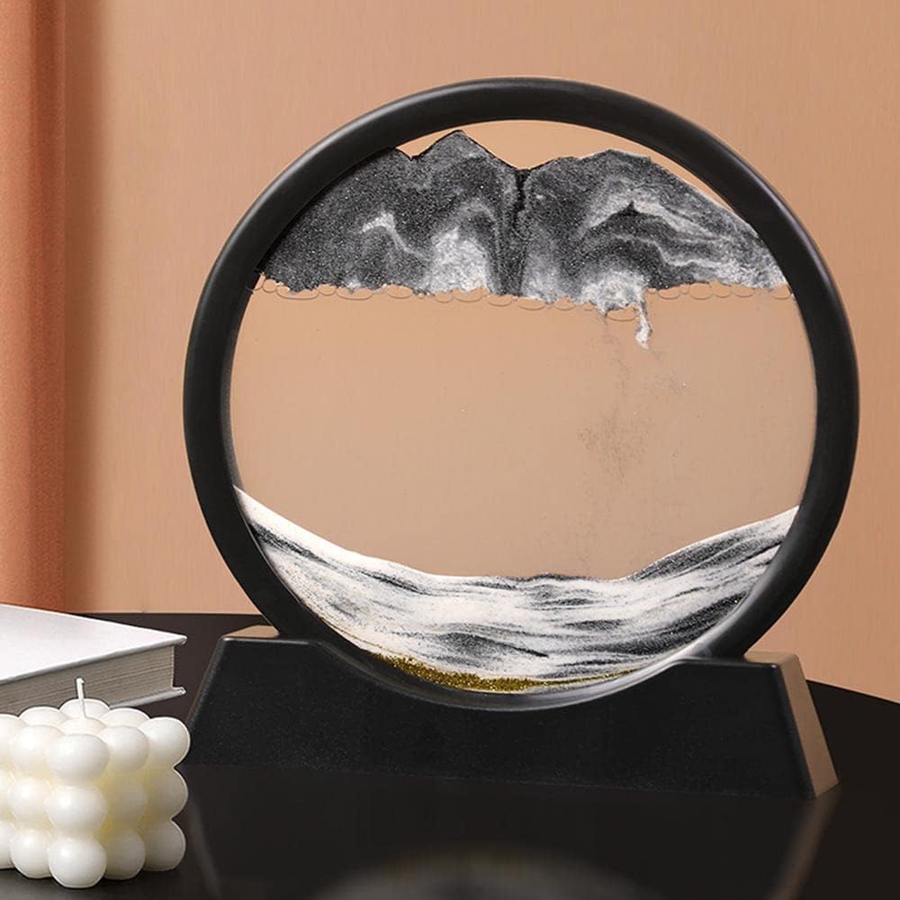 Moving Sand Art Picture in Motion Round Glass 3D Deep Sea Landscape, Dynamic Sand Art Sandscapes, Sensory Relaxing Desktop Table Decor Desk Decor Art Desk (12 inch, Black)