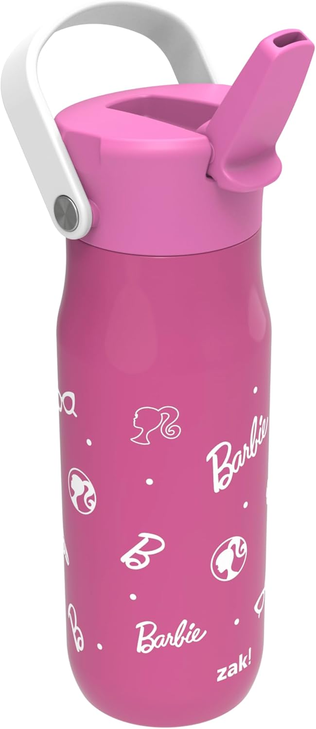 Zak Designs Barbie Harmony Water Bottle for Travel or At Home, 20oz Stainless Steel is Leak-Proof When Closed and Vacuum Insulated with Straw Lid and Carry Handle (Pink)