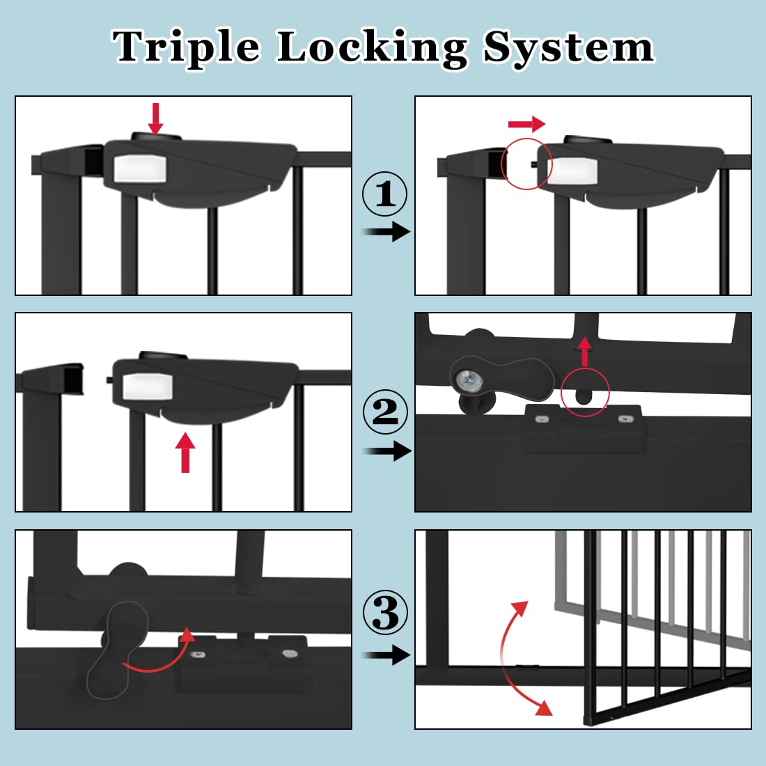 WAOWAO Triple Lock Baby Gate Extra Wide 49.21-53.14" Pressure Mounted Walk Through Swing Auto Close Safety Black Metal Dog Pet Puppy for Stairs,Doorways,Kitchen