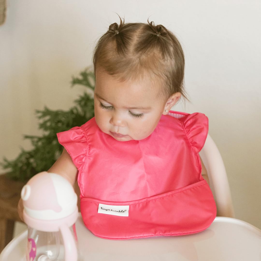 Tiny Twinkle Mess Proof Baby Bibs for Eating - Waterproof, Wipeable Bibs - Toddler Bibs - Travel Friendly - PFAS, PVC, BPA, Phthalate Free - Baby Food Bibs(3 Pack,Blue Floral)