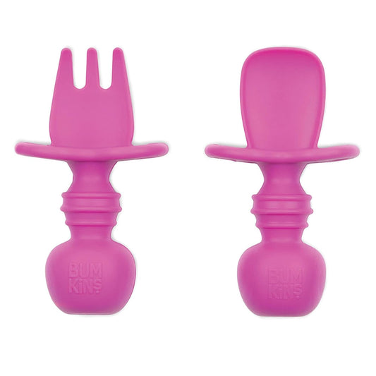 Bumkins Baby Utensils Set, Chewtensils Silicone Spoons for Dipping, Self-Feeding, Baby Led Weaning, Trainer Learning, First Stage Eating, Soft Practice Fork and Spoon, Babies 6 Months, Fuchsia