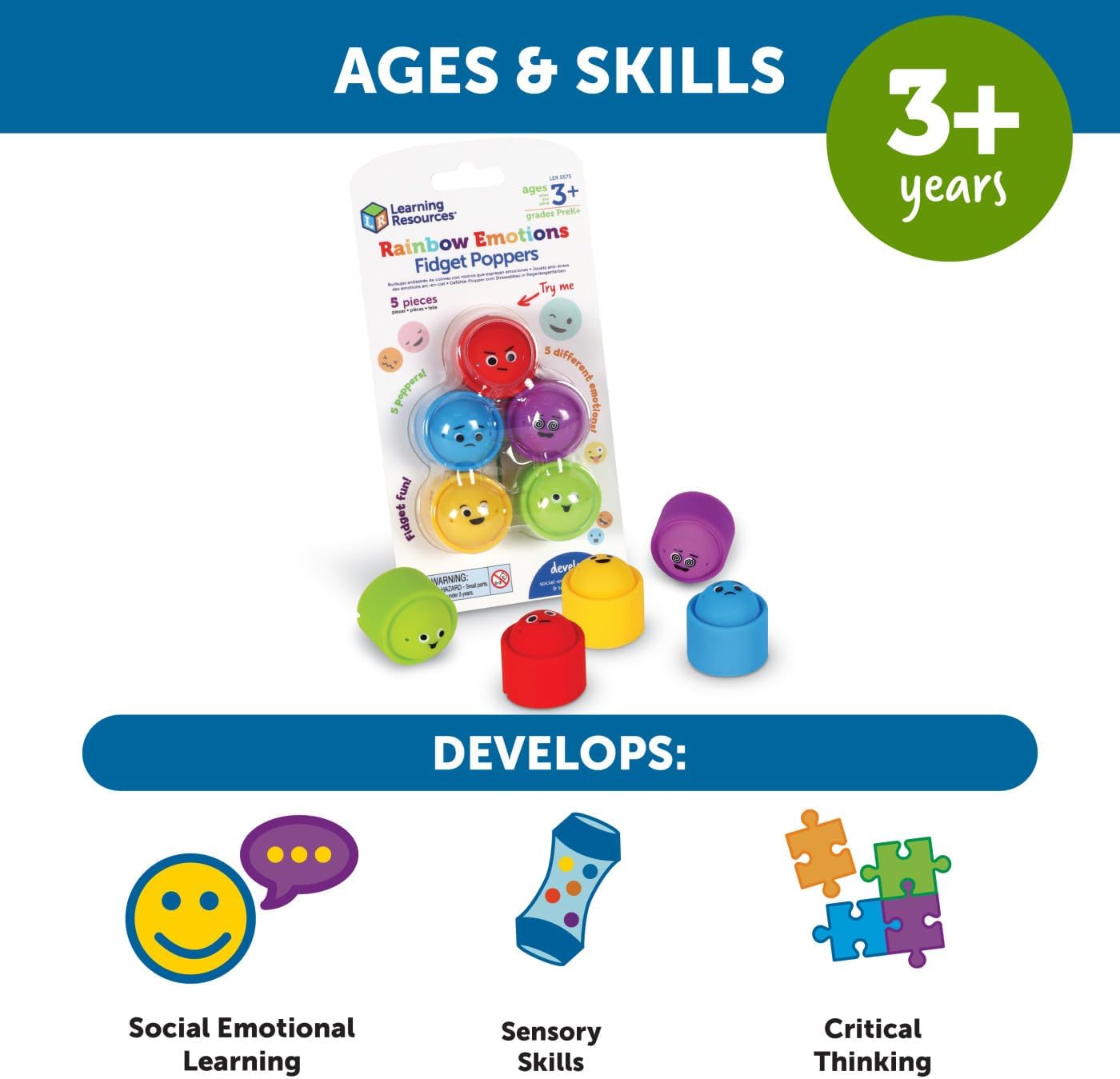 Learning Resources Rainbow Emotion Fidget Poppers, 5 Pieces, Ages 3+, Sensory Toys, Social-Emotional Learning,Sensory Toys for Toddlers,SEL Skills,fine Motor Skills