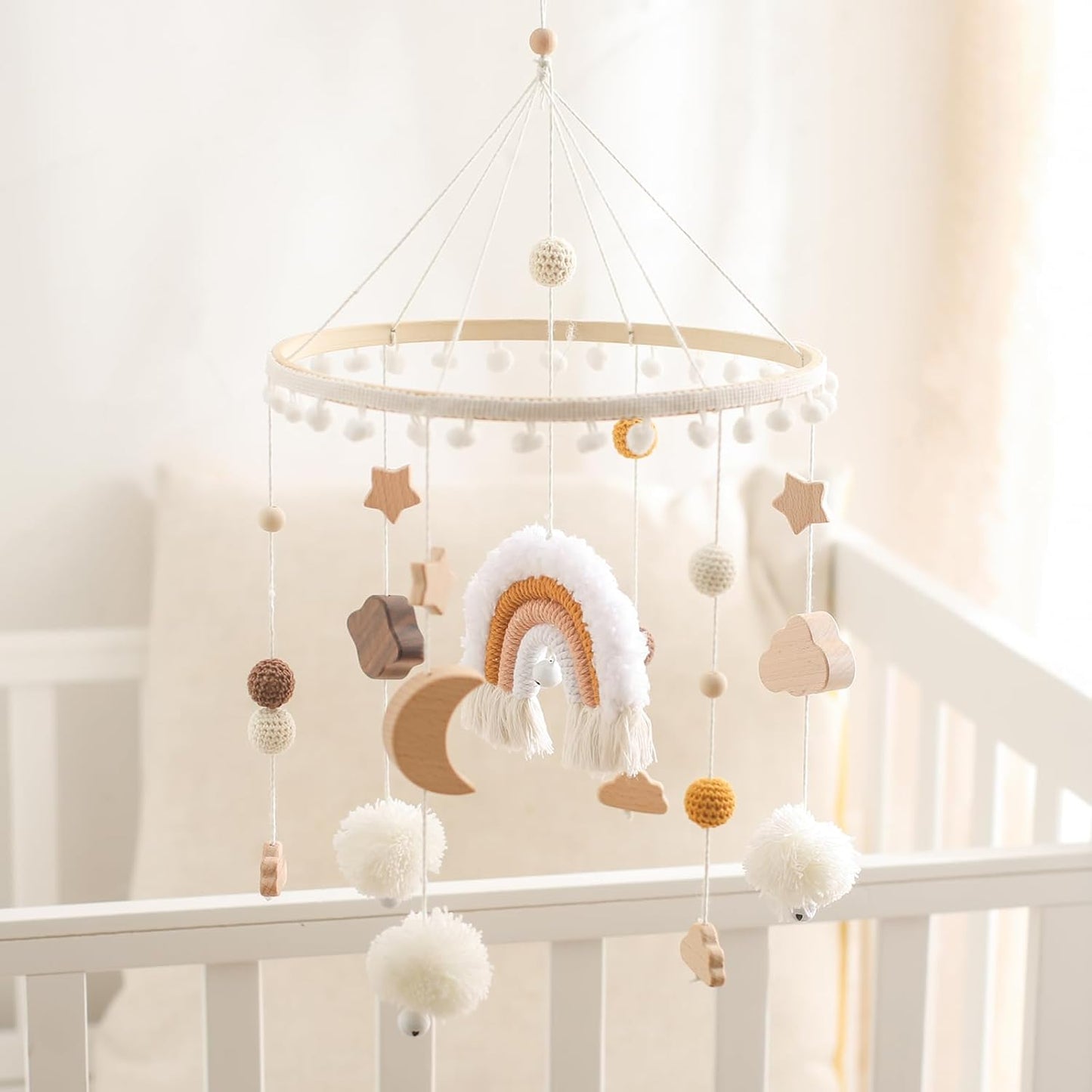 Baby Crib Mobile for Boys Girls Rainbow Nursery Mobile Gender Neutral Hand-Crocheted Mobile Ceiling Mobile - Rainbow, Clouds, Moon