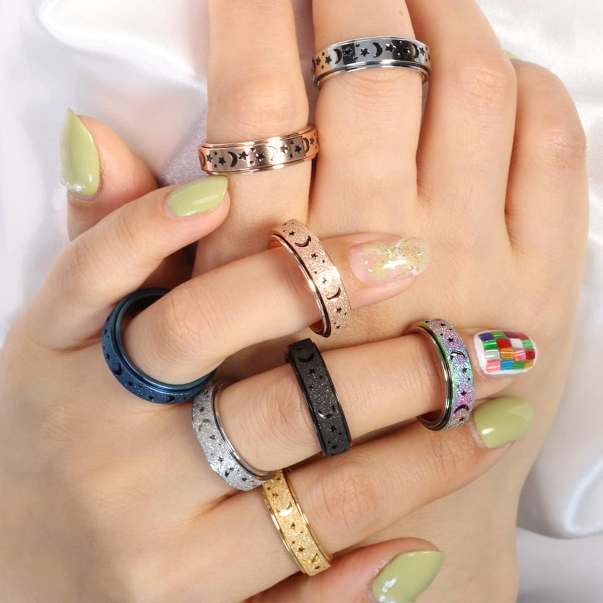 Anxiety Ring for Women Men, Titanium Stainless Steel Spinner Ring, 5 Colors, 6MM, Size 6-10, 3 Styles Anxiety Ring-Moon Star, Sandblasted Finished, Hollow Outer