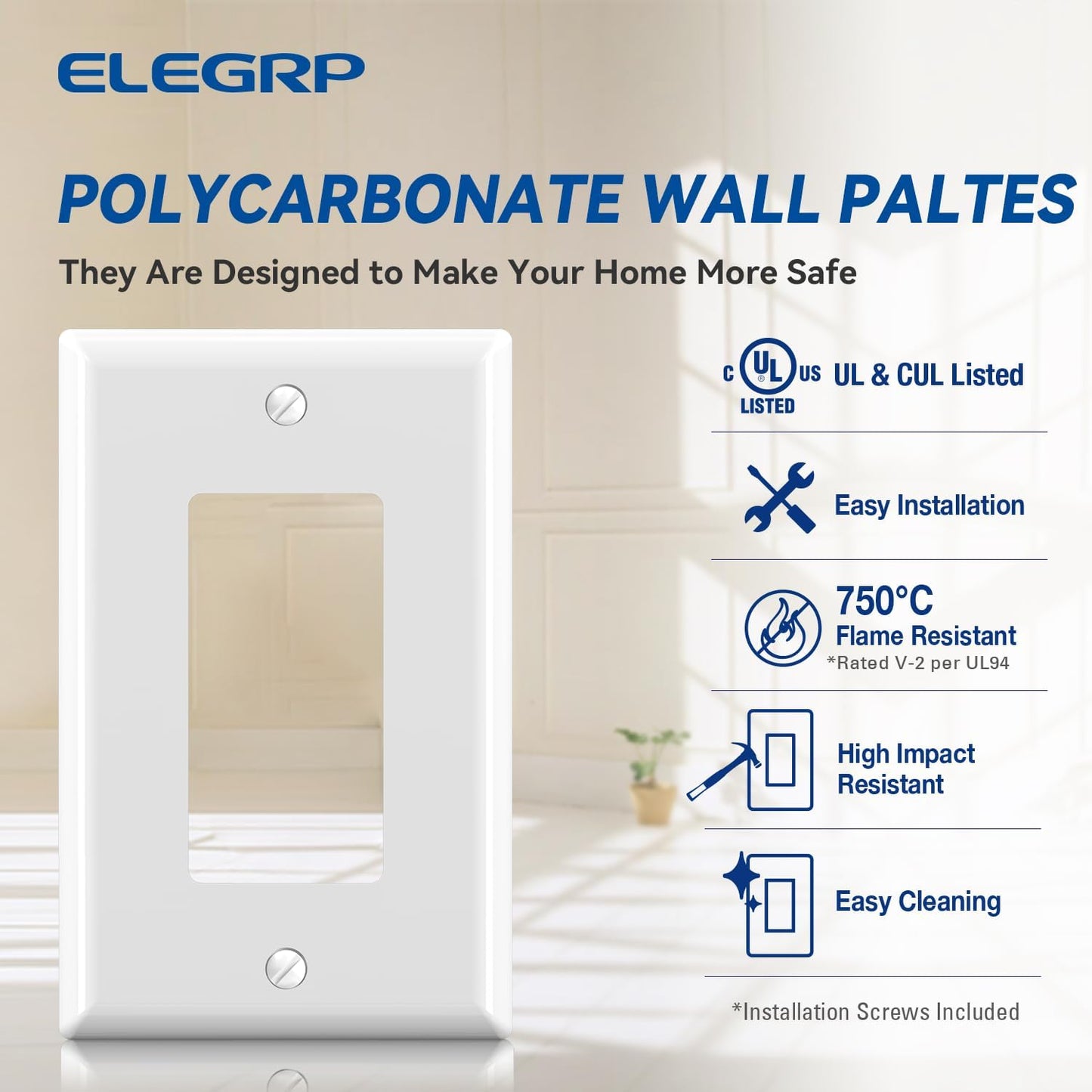 ELEGRP Decorative Receptacle Wall Plate, 1-Gang Mid Size Decorator Covers, Unbreakable Polycarbonate Faceplates for Decorator Device, UL Listed, Screws Included (2 Pack, Glossy White)
