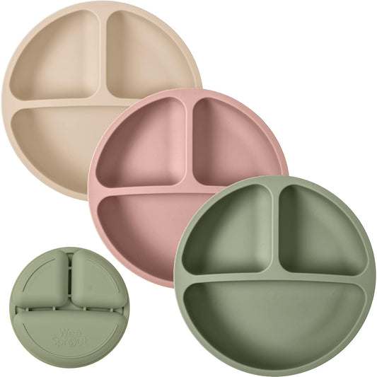 WeeSprout Silicone Plates for Babies & Toddlers (3 Pack) 100% Food-Grade Dishes for Self Feeding, Divided Design & Raised Edges for Picky Eaters, Dishwasher & Microwave Safe Weaning Supplies