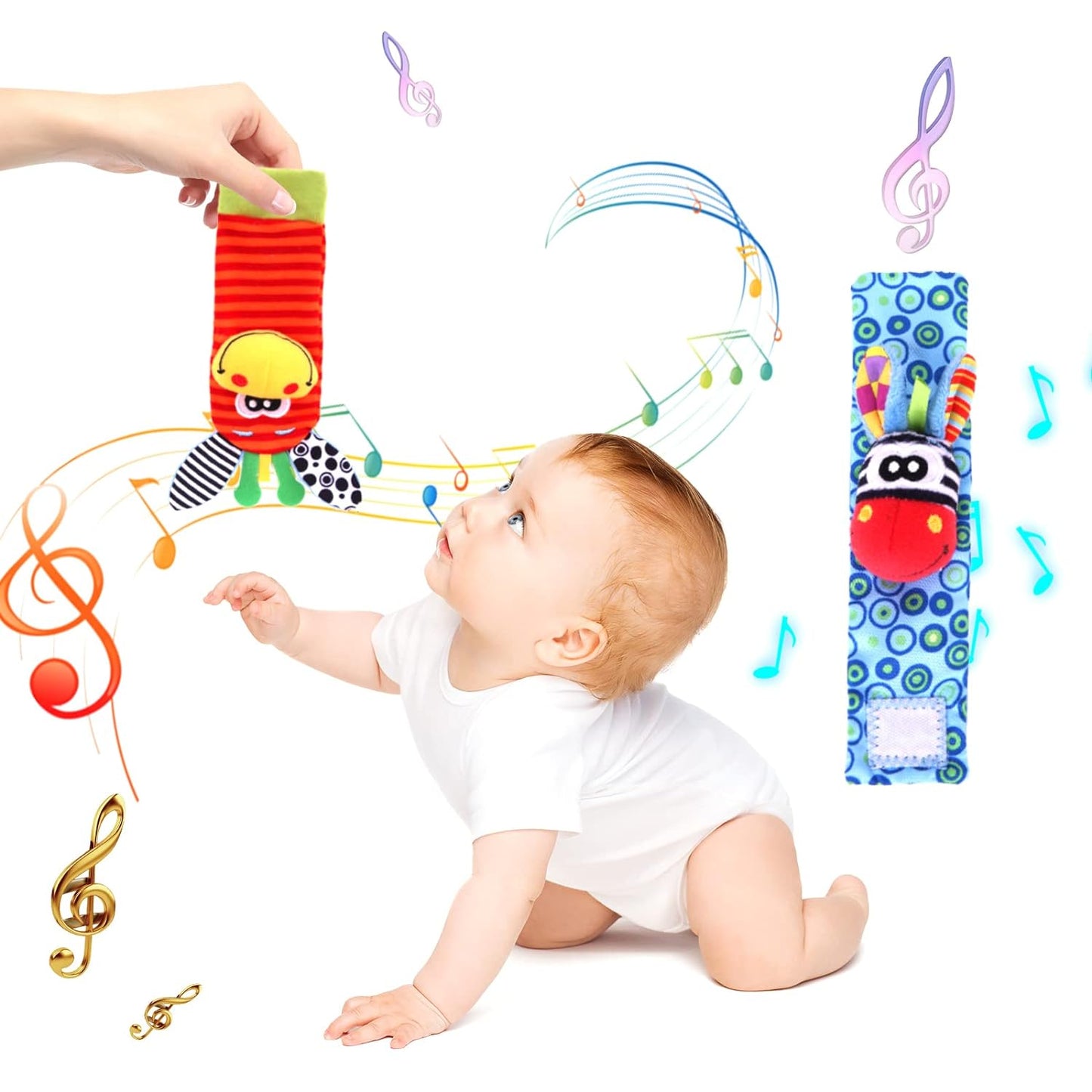 Wrist Rattle Foot Finder Socks Set for Baby Arm Hand Rattle Feet Leg Ankle Socks Newborn Soft Sensory Toys Baby Socks Newborn Rattles Toys Easter Gifts 0-3 6-12 Months Infant Girl Boy