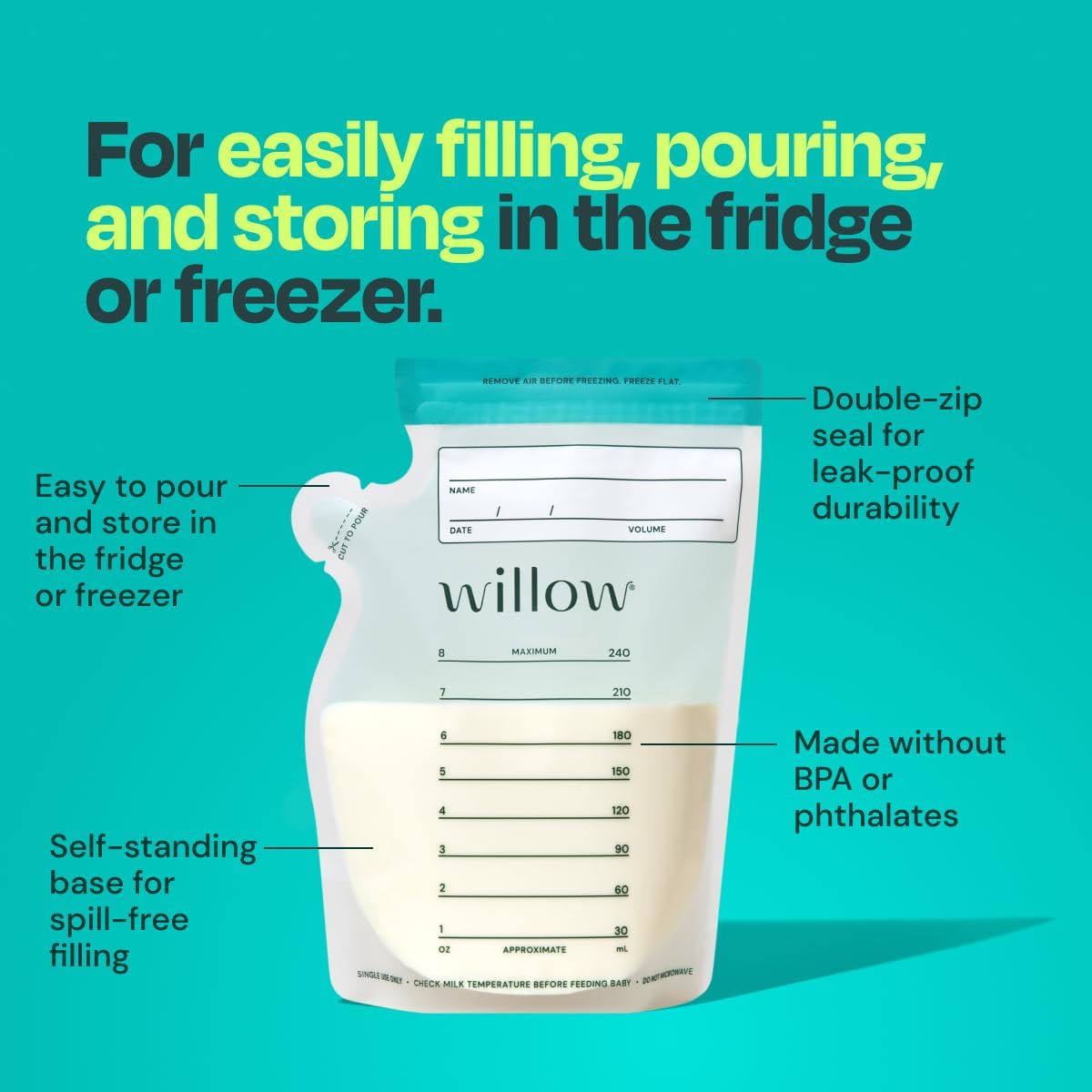 Willow - Go Double Hands Free Breast Pump w/Milk Bags and Glass Milk Pitcher Bundle
