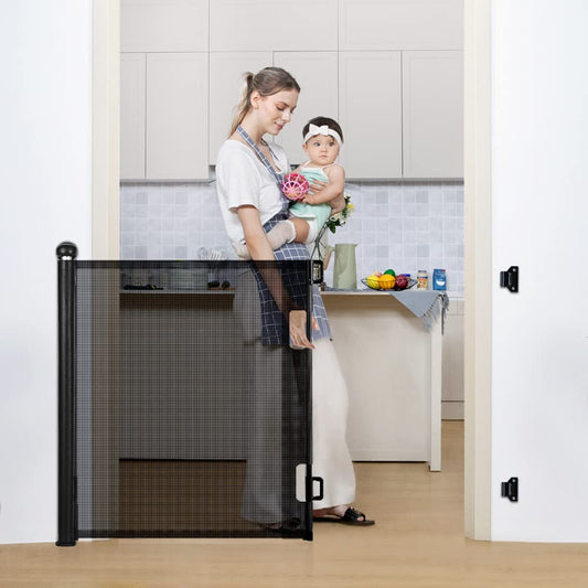 COMOMY Retractable Baby Gate for Stairs, 0-55" Mesh Dog Gate for House Doorways Hallways, 33" Tall Extra Wide Child Safety Gate for Kids Pets, Indoor and Outdoor (Black)