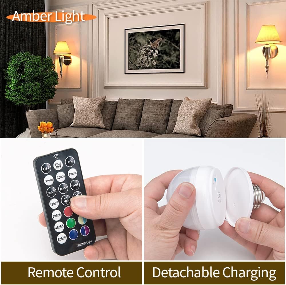 BLUEYE E12 Rechargeable Light Bulb,2Packs,300LM,40W Equivalent,Detachable Charging,4 Color Temperature,Remote Control Puck Emergency Lamp,Timer,Dimmer,for Non-Hardwired