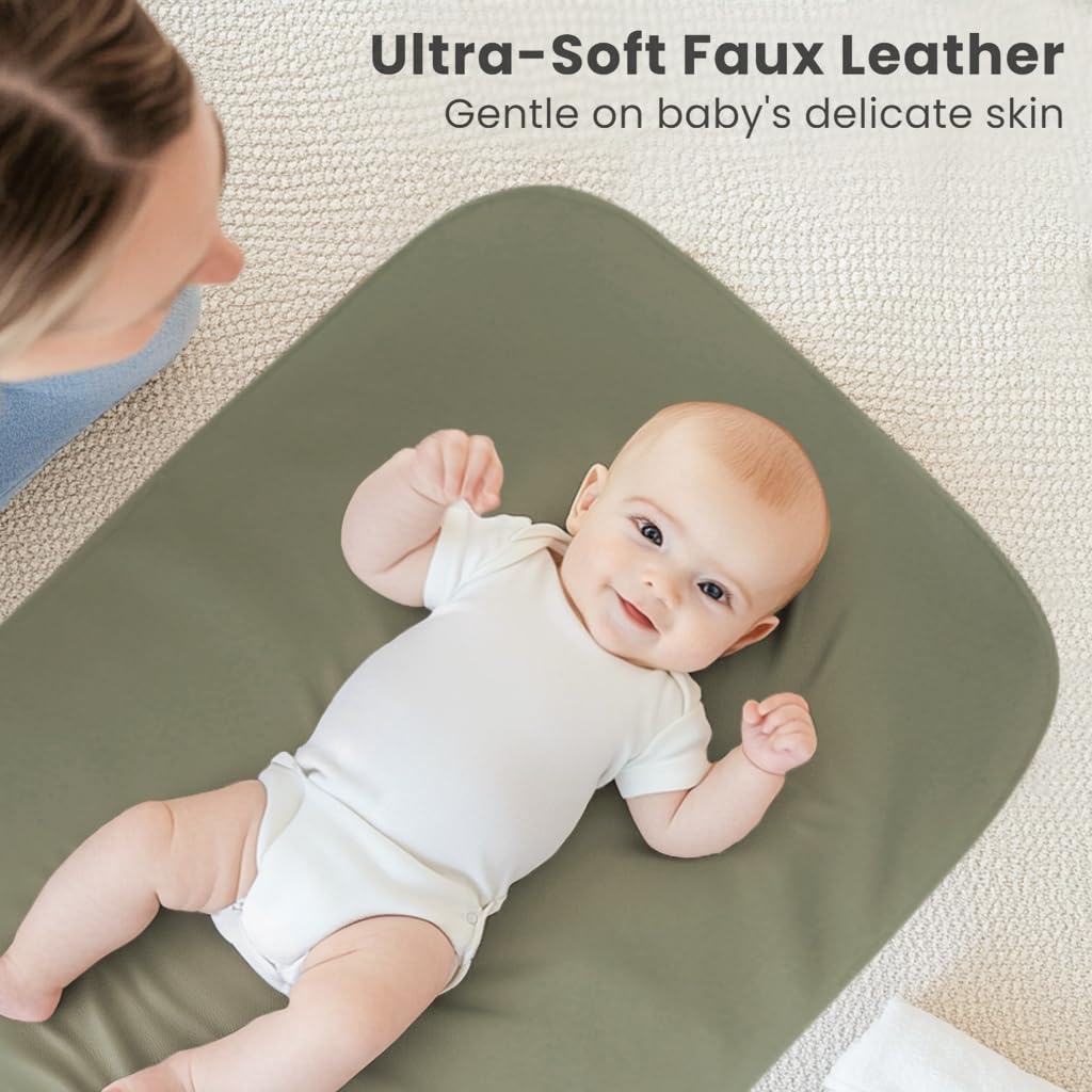 Konssy 2 Pack Faux Leather Baby Changing Mat 30"x17", Foldable and Wipeable Portable Changing Pad, Waterproof and Soft for Travel or Home Use (Fog Green,Beige)