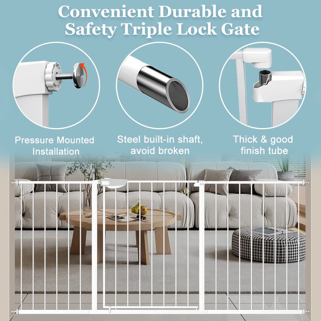 WAOWAO Triple Lock Baby Gate Extra Wide 72.04-76.77" Pressure Mounted Walk Through Swing Auto Close Safety White Metal Dog Pet Puppy for Stairs,Doorways,Kitchen