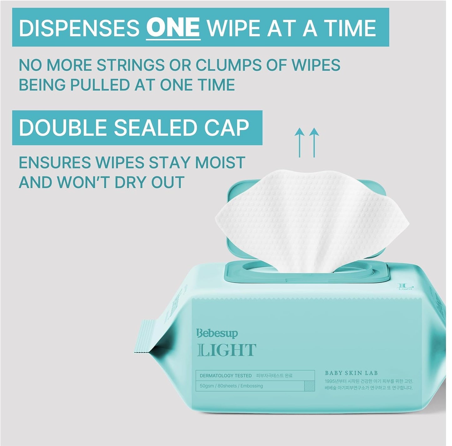 Korea's #1 Light Baby Wipes - Hypoallergenic, Water-Based, Unscented, Alcohol & Paraben-Free – 50 GSM for sensitive skin Flip-Top Plant Based Baby Wipes (80 Count 1 Pack)