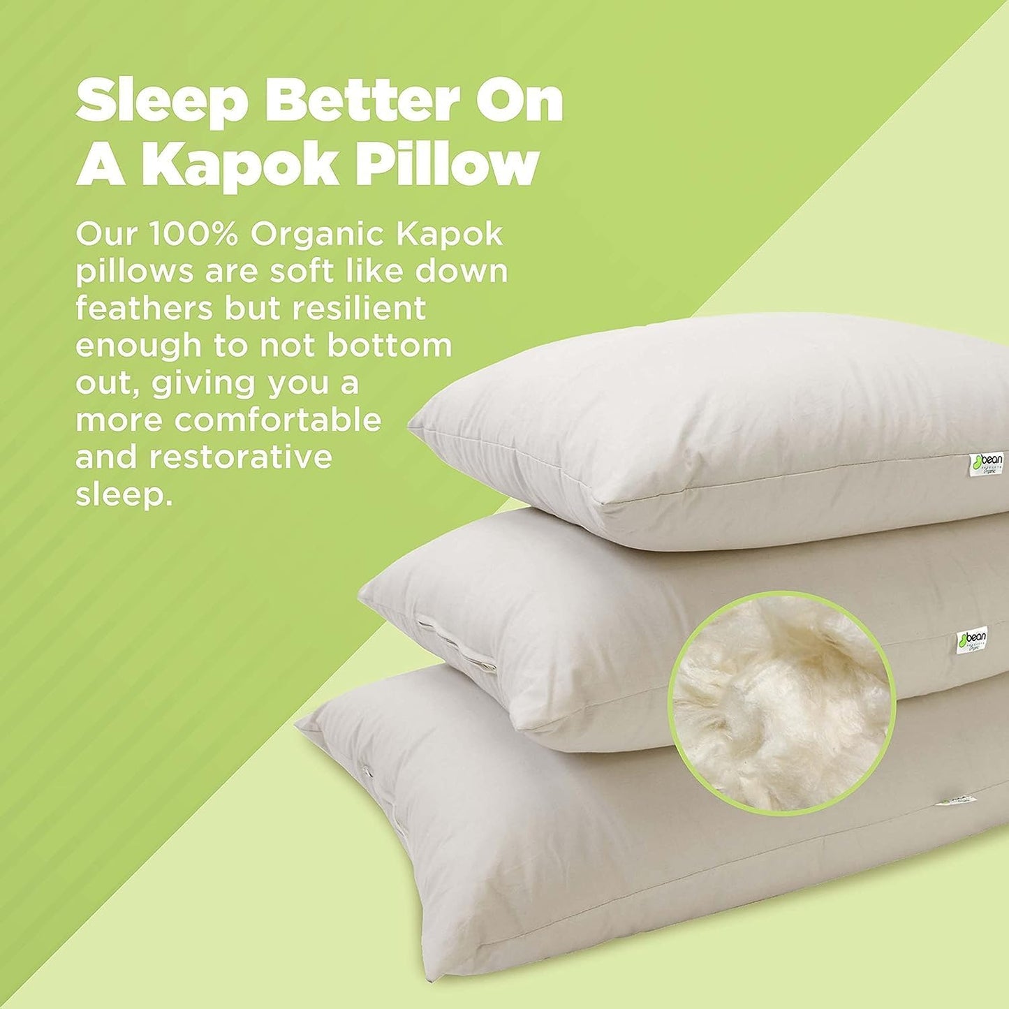 Bean Products Travel/Toddler Organic Kapok Pillow + Natural Org Case - 13" x 18" - Organic Cotton Zippered Shell - Made in USA